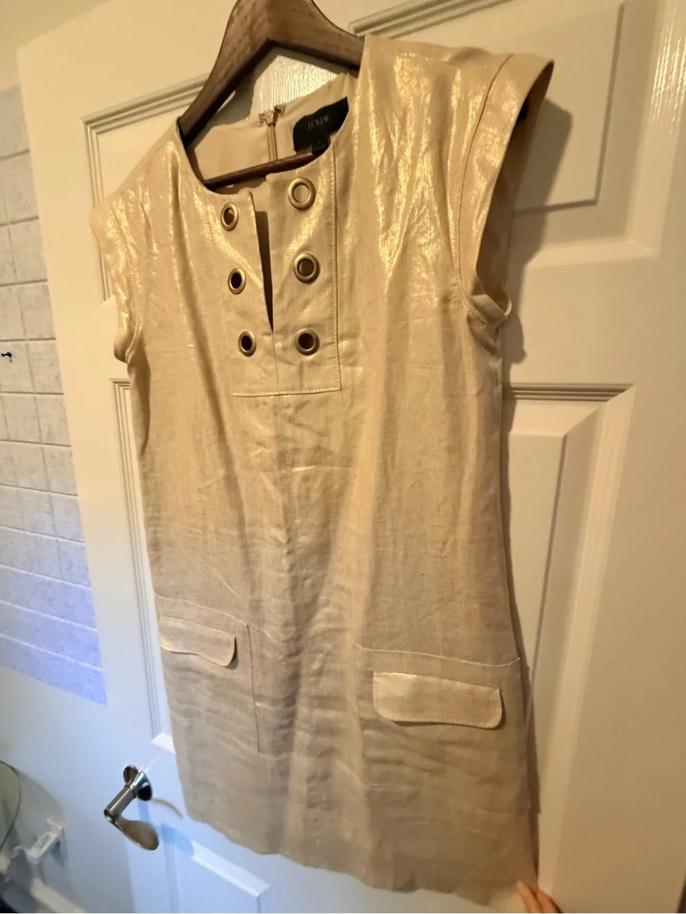 J.Crew Metallic Linen Shimmer Grommet Shift Dress with Pockets - Gold / Flax
